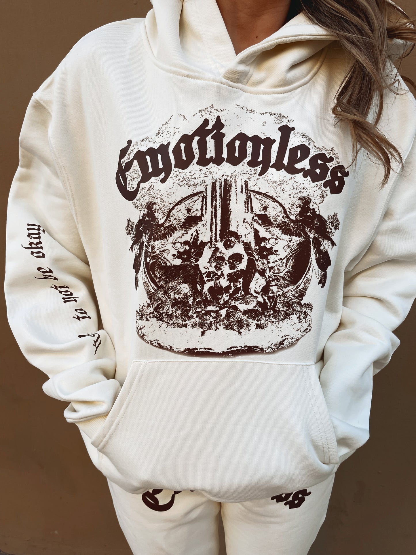 "Protected by Angels" Emotionless Hooded Sweatshirt Brown